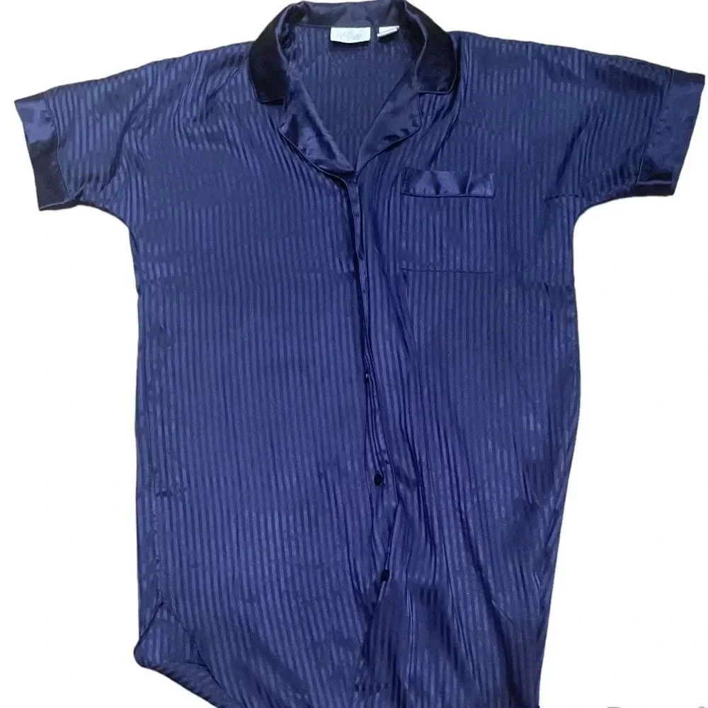 SATIN BLUE JACQUARD SEMI SHEER OVERSIZED BUTTON UP COLLARED SLEEP SHIRT SIZE S - Picture 9 of 16